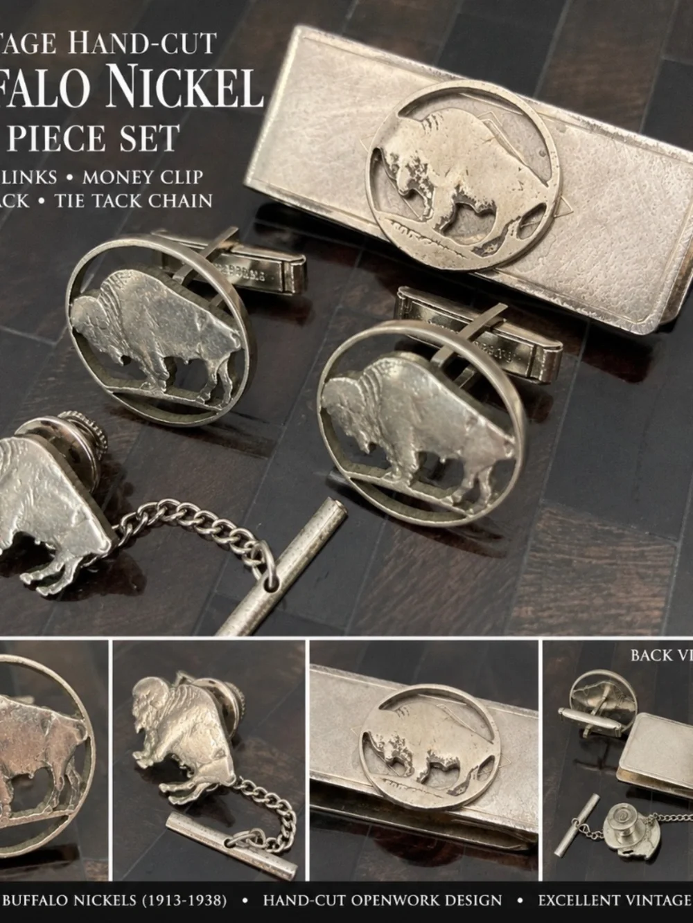 Vintage Hand-Cut Buffalo Nickel 4-Piece Jewelry Set
